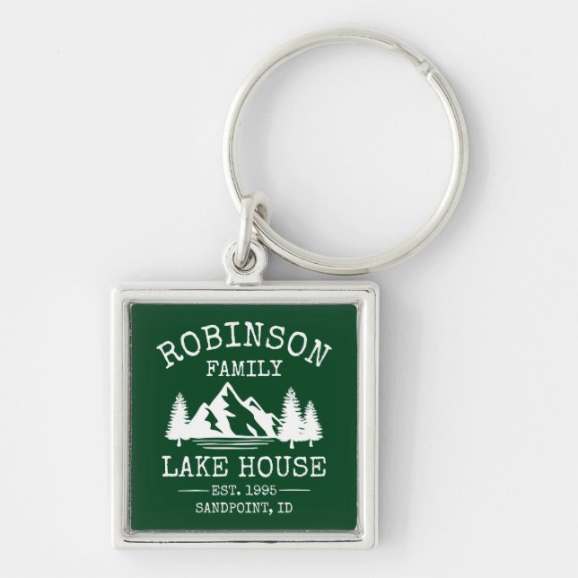 Familienname Lake House Trees Forest Green Silver Schlüsselanhänger (Vorne)