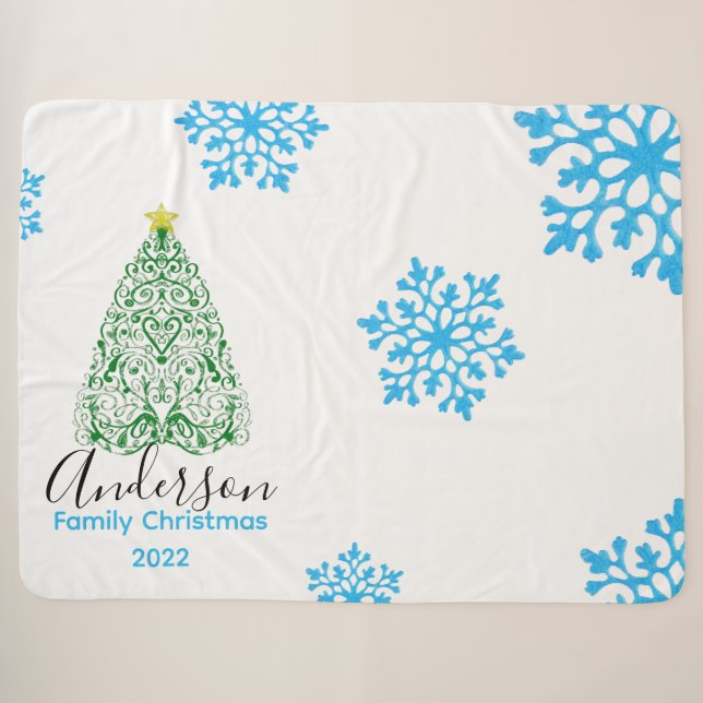 Familienname Moderner Weihnachtsbaum & glitzernder Sherpadecke (Vorderseite (Horizontal))