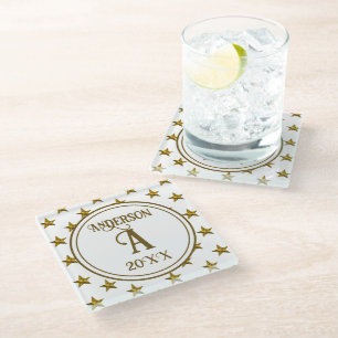 Familienname Monogramm Elegant Weißgold Sterne Glasuntersetzer