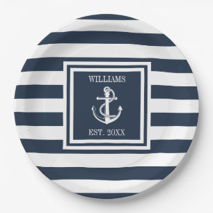 Familienname Nautical Anker Boot Marineblauer Stre Pappteller