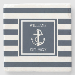 Familienname Nautical Boot Anker Navy Blau Streife Steinuntersetzer