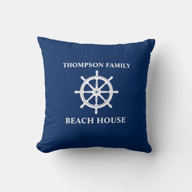 Familienname Nautical Ships Wheel Helm Navy Blue Kissen (Vorderseite)