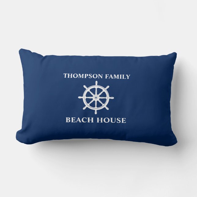 Familienname Nautical Ships Wheel Helm Navy Blue Lendenkissen (Vorderseite)