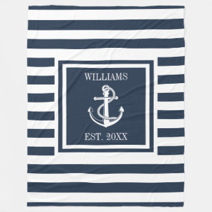Familienname Navy Blau Gestreift Nautischer Anker Fleecedecke
