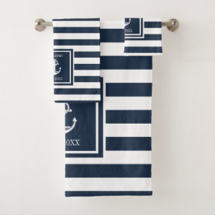 Familienname Navy Blau Streifen Maritim Bootsanker Badhandtuch Set