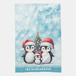 Familienname Niedlich Pinguine Snowy Blue Christma Geschirrtuch