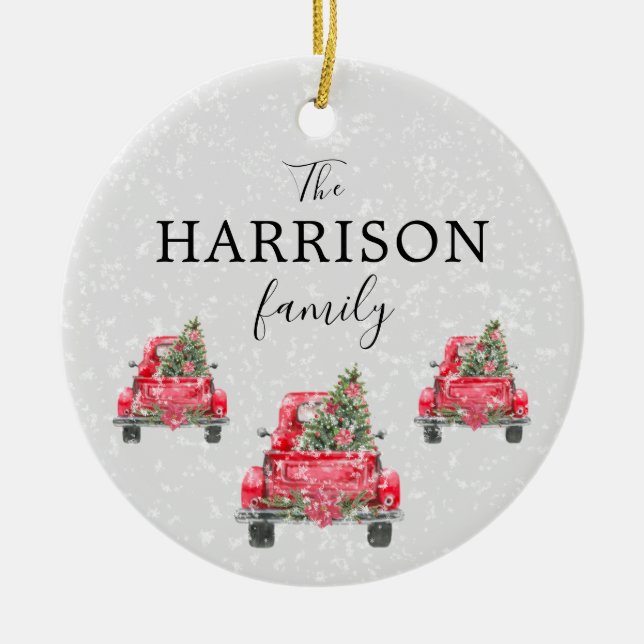 Familienname Red Truck Weihnachtsbaum Urlaub Keramik Ornament (Vorne)