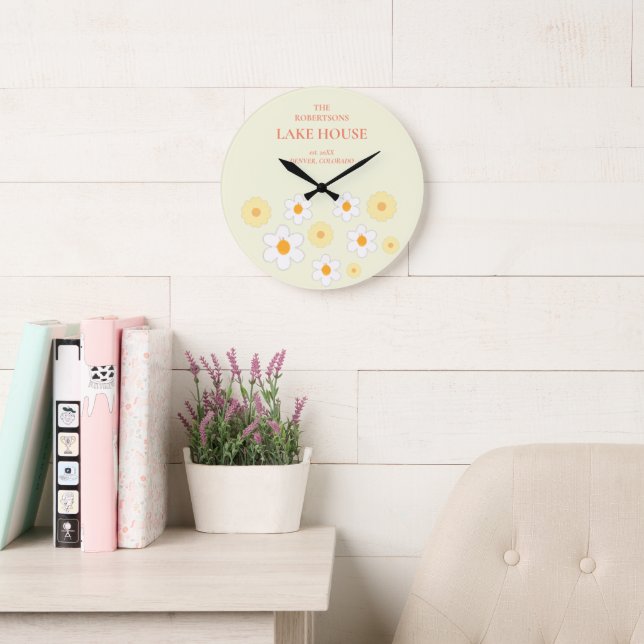 Familienname Retro Floral Große Wanduhr (Lesesaal)