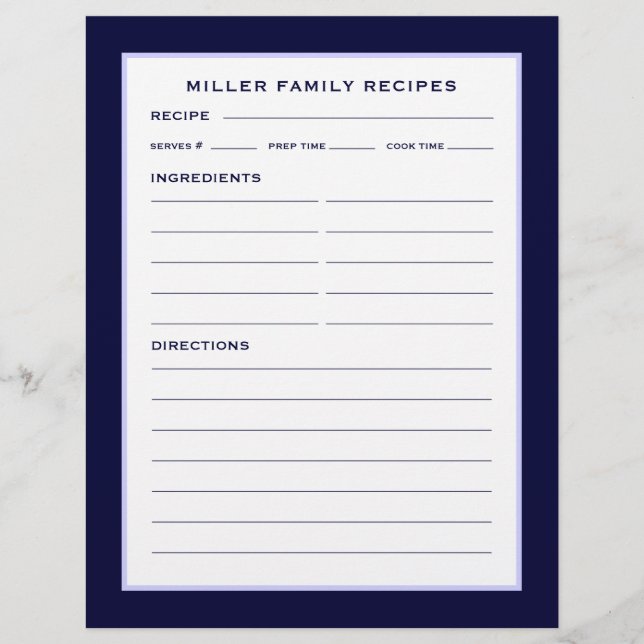 Familienname-Rezeptorseite | Einfache Navy Blue &  (Vorderseite)