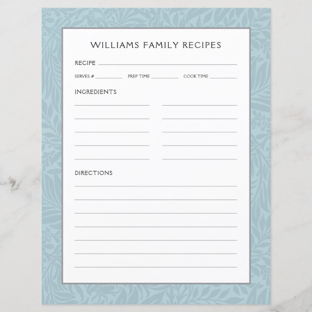 Familienname-Rezeptorseite | Vintag Blue Floral (Vorderseite)