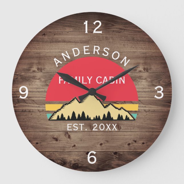 Familienname: Rustikale Retro-Bäume Große Wanduhr (Vorderseite)