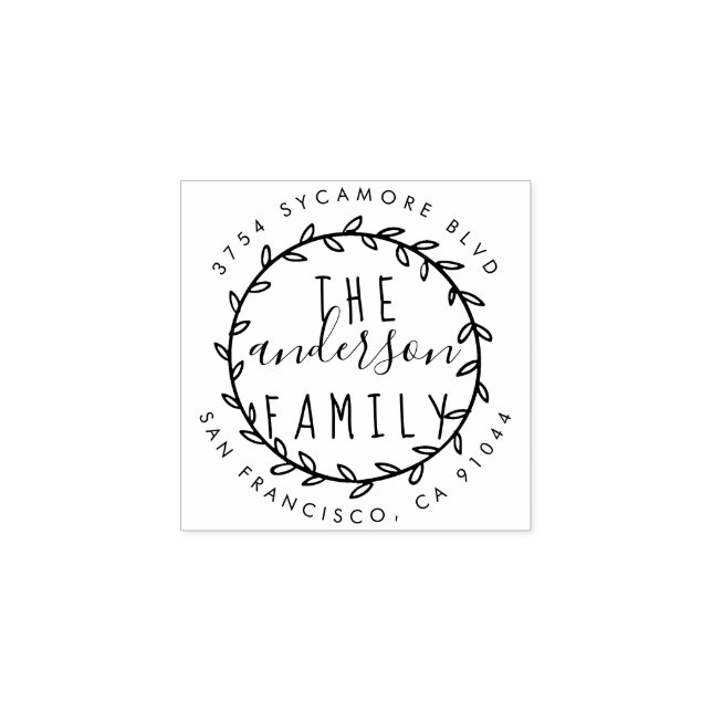 Familienname Rustische Script & Wreath-Rücksendead Gummistempel (Prägung)