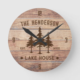 Familienname Seehaus Kiefernbaum Holz Personalisie Runde Wanduhr