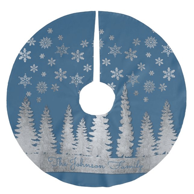Familienname-Silber und blaues Winter-Märchenland Polyester Weihnachtsbaumdecke (Vorderseite)