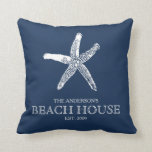 Familienname Starfish Navy Blue Beach House Kissen<br><div class="desc">Strandhaus Thema werfen Kissen,  die nur für Sie personalisiert ist!  Starfish Design in Weiß und Marineblau. Passen Sie Ihren Text an,  um ihn zu personalisieren.</div>