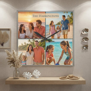 Familienname Strandhaus Küstenambiente Fotocollage Quadratische Wanduhr
