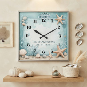 Familienname Strandhaus Küstenkunst Seestern Dekor Quadratische Wanduhr