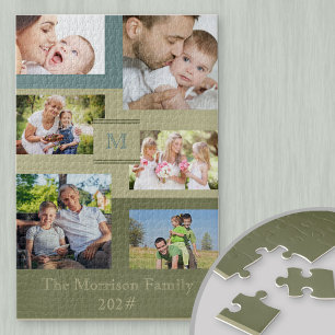 Familienname und Jahr 6 Foto-Collage Grün Blau