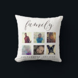 Familienname und Jahresabend für Fotosammlungen Kissen<br><div class="desc">Minimalistisches Wurfkissen mit einer Foto-Collage Ihrer Familienmitglieder, das Wort "Familie" in einer hübschen Schrift, und Ihr Familienname und das Jahr etabliert.</div>