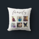 Familienname und Jahresabend für Fotosammlungen Kissen<br><div class="desc">Minimalistisches Wurfkissen mit einer Foto-Collage Ihrer Familienmitglieder,  das Wort "Familie" in einer hübschen Schrift,  und Ihr Familienname und das Jahr etabliert.</div>