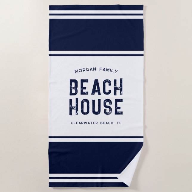 Familienname Vacation Beach House Navy Blue Strandtuch (Vorderseite)