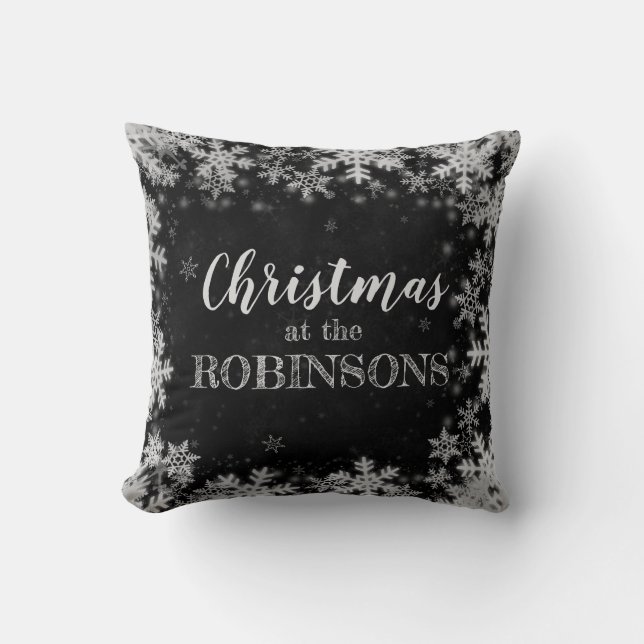 Familienname Weihnachten Silver Winter Schneeflock Kissen (Vorderseite)