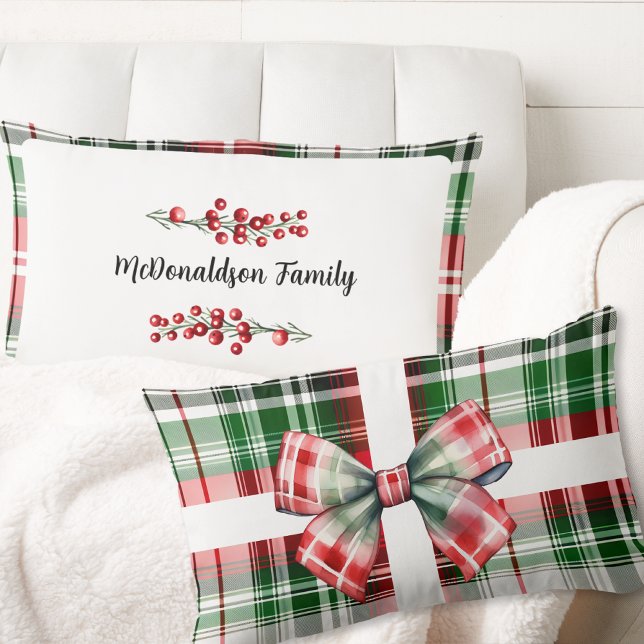 Familienname Weihnachten Vintages Geschenk Kariert Lendenkissen (custom Family Name Christmas Vintage Gift Plaid Red Green Lumbar Pillow traditional bow watercolor )