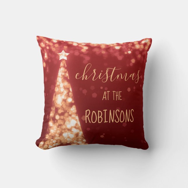Familienname-Weihnachtsfunkelnde Bäume rot Kissen (Vorderseite)