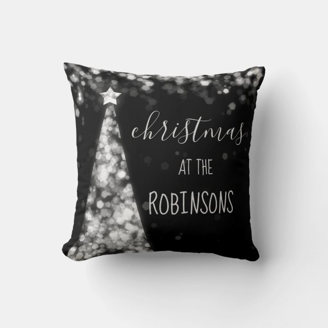 Familienname-Weihnachtsfunkelndes Baum-Silber Kissen (Vorderseite)