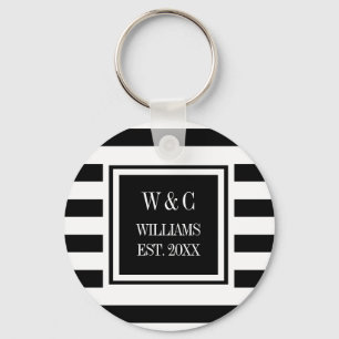 Familiennamens-Monogramm Schwarz Weiß Streifen Schlüsselanhänger