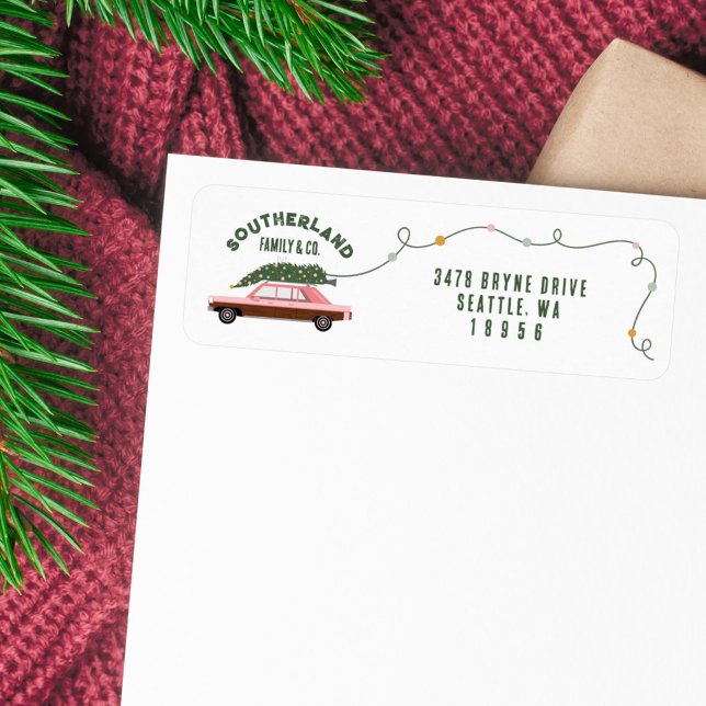 Familienpink Vintage Auto Weihnachtsbaum Lieferung (Family Pink Vintage Car Christmas Tree Delivery Label)