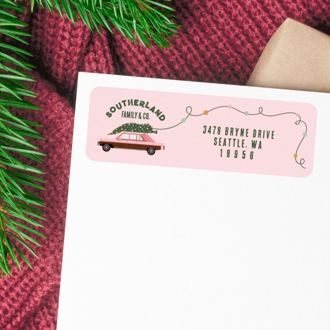 Familienpink Vintage Auto Weihnachtsbaum Lieferung (Family Pink Vintage Car Christmas Tree Delivery Label)