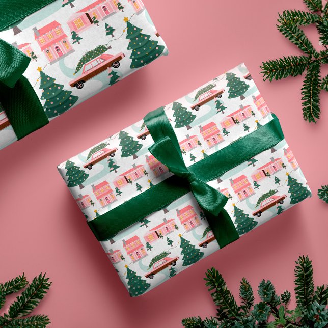 Familienpink Vintage Auto Weihnachtsbaumstadt Geschenkpapier (Family Pink Vintage Car Christmas Tree Town Wrapping Paper)