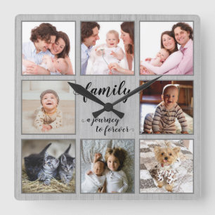 Familienreise in die ewige rustikale Fotocollage Quadratische Wanduhr