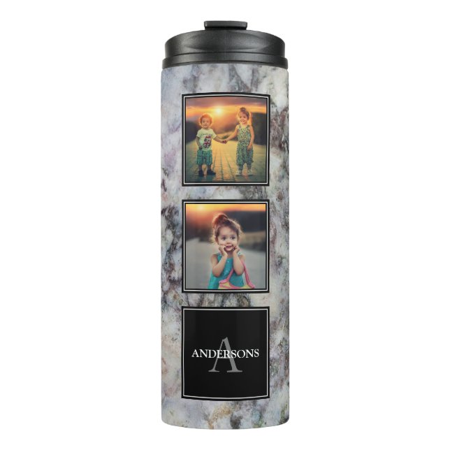 Familiensammlung von Foto auf grauem Marmor-Monogr Thermosbecher (Vorderseite)