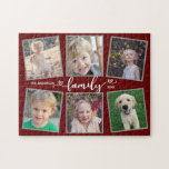 Familienskript Herz Dunkelrote FotoCollage<br><div class="desc">Dieses Foto-Puzzle ist ein lustiges Geschenk für jede Familie. Es bietet 6 Fotorahmen für Bilder von Kindern und Familienmitgliedern und ist mit dem Text "familie" akzentuiert,  der in der modernen Herzkalligraphie erscheint. Der Hintergrund ist dunkelrot.</div>