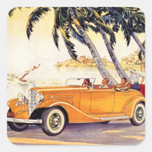 Familienurlaub im Oldtimer-Cabrio Quadratischer Aufkleber