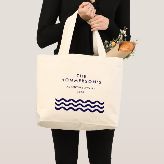 Familienurlaub Navy Blue Nautical Waves Jumbo Stoffbeutel (Vorderseite (Produkt))