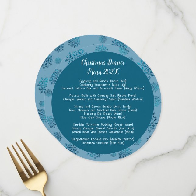 Famille Bleu Dîner de Noël Table ronde Menu Modèle (Devant/Arrière en situation)