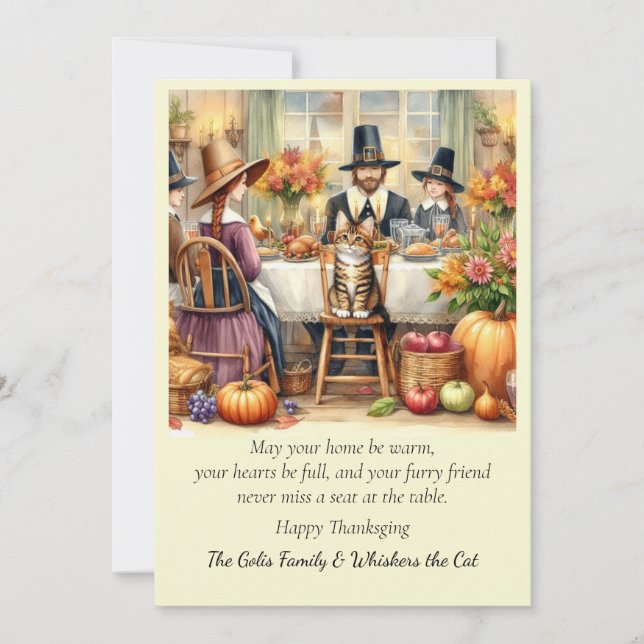 Famille mignonne avec Cat Thanksgiving Carte de va (Devant)
