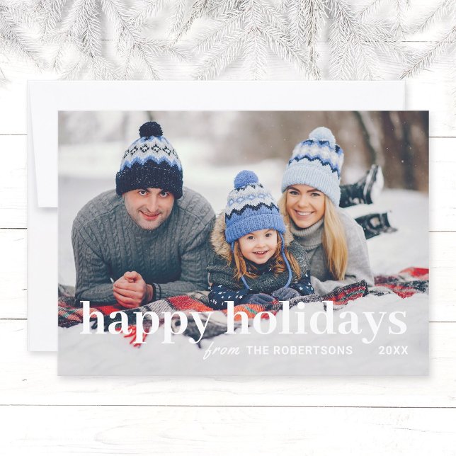 Famille minimaliste moderne 1 photo Carte de Noël (Simple, modern family photo Christmas greeting card with the text "Happy Holidays" and family name.)