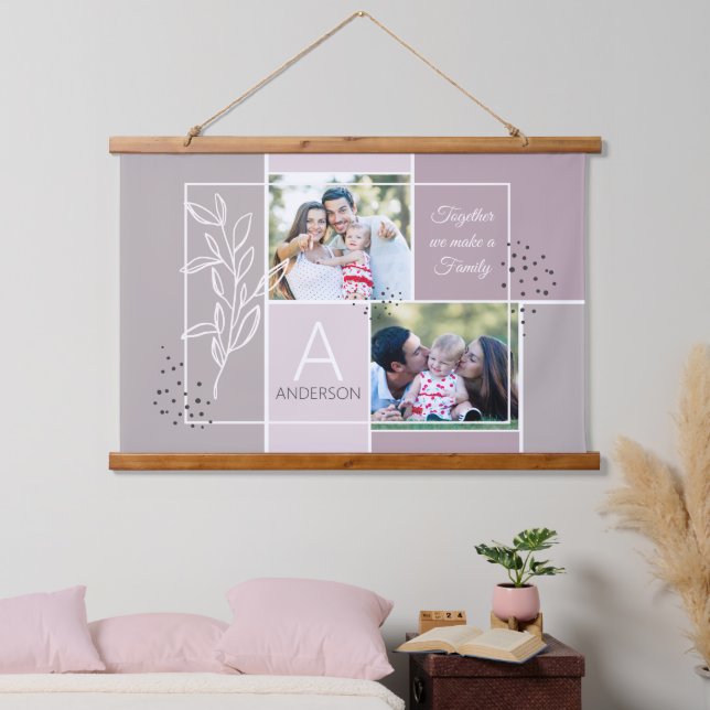 FAMILY 2 Foto Collage Script Modernes Zitat Wandteppich Mit Holzrahmen (Schlafzimmer)