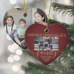 Family 2 Photo First Christmas Burgundy Red & Gold Keramik Ornament<br><div class="desc">Celebrate your joyful 1st holiday together with a custom 2 photo "Our First Christmas as a Family" heart-shaped ceramic ornament. All text and images on this template are simple to personalize. (IMAGE PLACEMENT TIP: An easy way to center a photo exactly how you want is to crop it before uploading...</div>