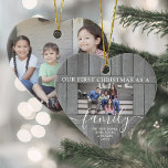 Family 2 Photo First Christmas Faux Gray Wood Keramik Ornament<br><div class="desc">Celebrate your joyful 1st holiday together with a custom 2 photo "Our First Christmas as a Family" heart-shaped ceramic ornament. All text and images on this template are simple to personalize. (IMAGE PLACEMENT TIP: An easy way to center a photo exactly how you want is to crop it before uploading...</div>