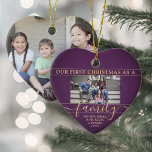 Family 2 Photo First Christmas Purple Gold Heart Keramik Ornament<br><div class="desc">Celebrate your joyful 1st holiday together with a custom 2 photo "Our First Christmas as a Family" heart-shaped ceramic ornament. All text and images on this template are simple to personalize. (IMAGE PLACEMENT TIP: An easy way to center a photo exactly how you want is to crop it before uploading...</div>