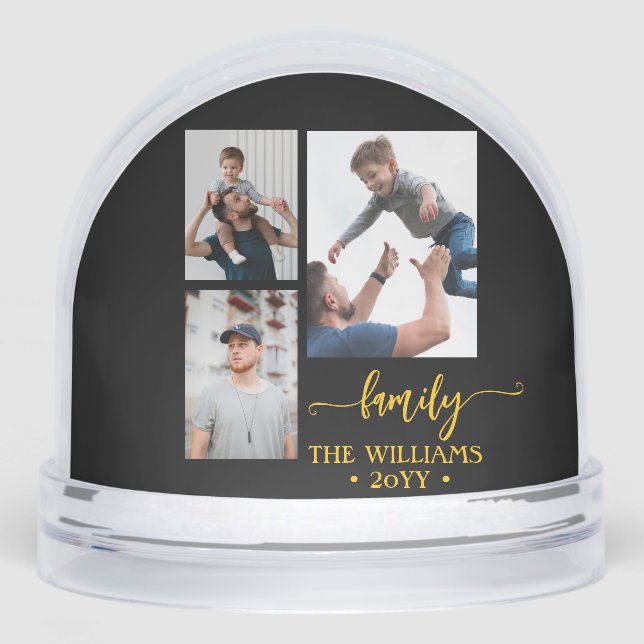 family 3 photo collage black gold script magnet (Avant)