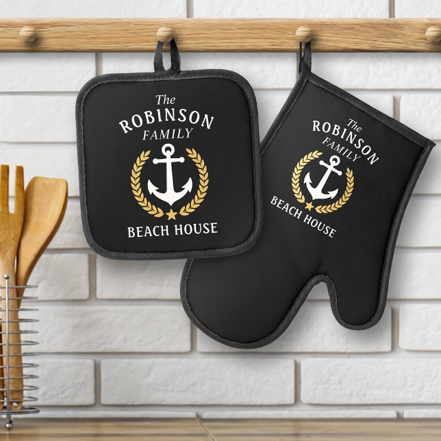 Family Beach House Anchor Gold Laurel Star Black Ofenhandschuh & Topflappen-Set (Von Creator hochgeladen)