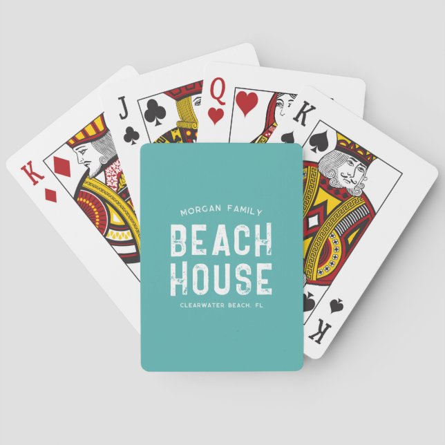 Family Beach House Aqua Green & White Personalisie Spielkarten (Rückseite)