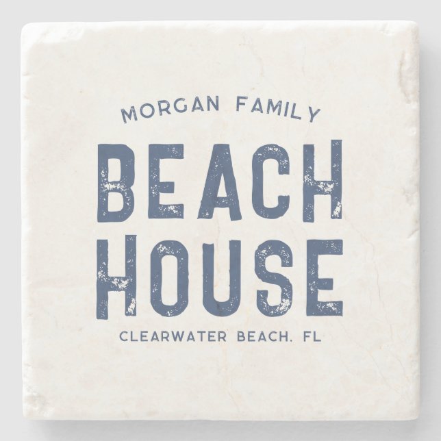Family Beach House Individuelle Name White Navy Bl Steinuntersetzer (Vorderseite)
