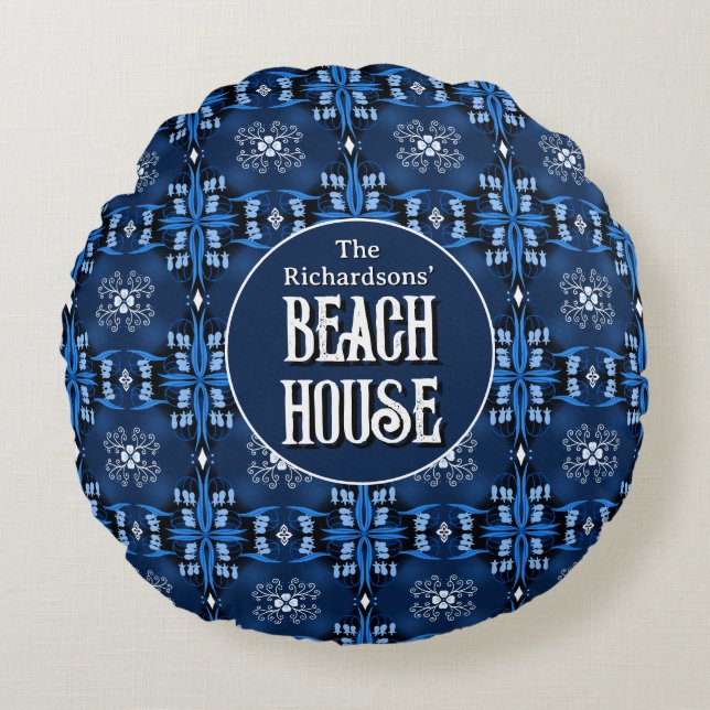 Family Beach house Midnight blue  Rundes Kissen (Vorderseite)